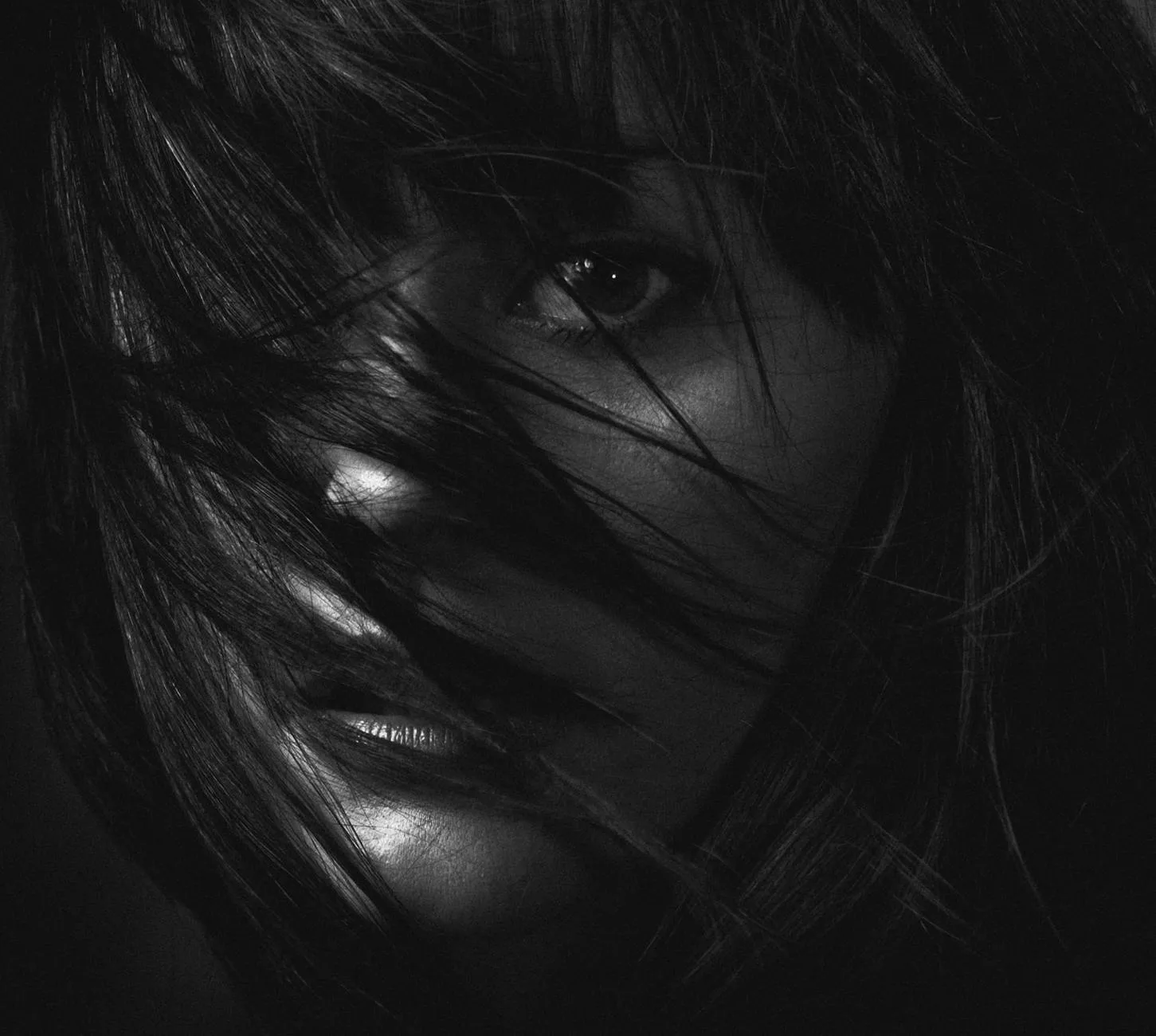 Artistic black and white portrait capturing the dramatic expression of a woman's face behind hair strands.